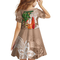 Polynesian Family Matching Off The Shoulder Long Sleeve Dress and Hawaiian Shirt Tropical Santa - Plumeria Beige Vintage