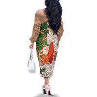 Polynesian Family Matching Off The Shoulder Long Sleeve Dress and Hawaiian Shirt Tropical Santa - Plumeria Beige Vintage