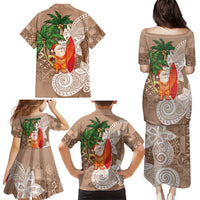 Polynesian Family Matching Puletasi and Hawaiian Shirt Tropical Santa - Plumeria Beige Vintage