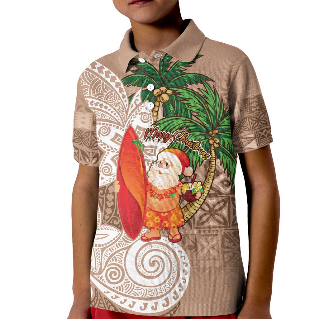 Polynesian Kid Polo Shirt Tropical Santa - Plumeria Beige Vintage LT7 Kid Beige - Polynesian Pride