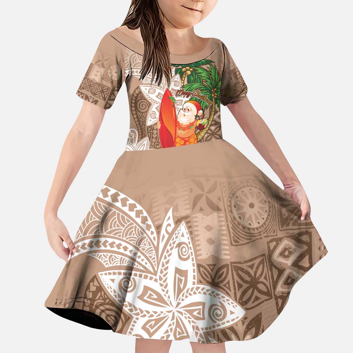 Polynesian Kid Short Sleeve Dress Tropical Santa - Plumeria Beige Vintage LT7 KID Beige - Polynesian Pride