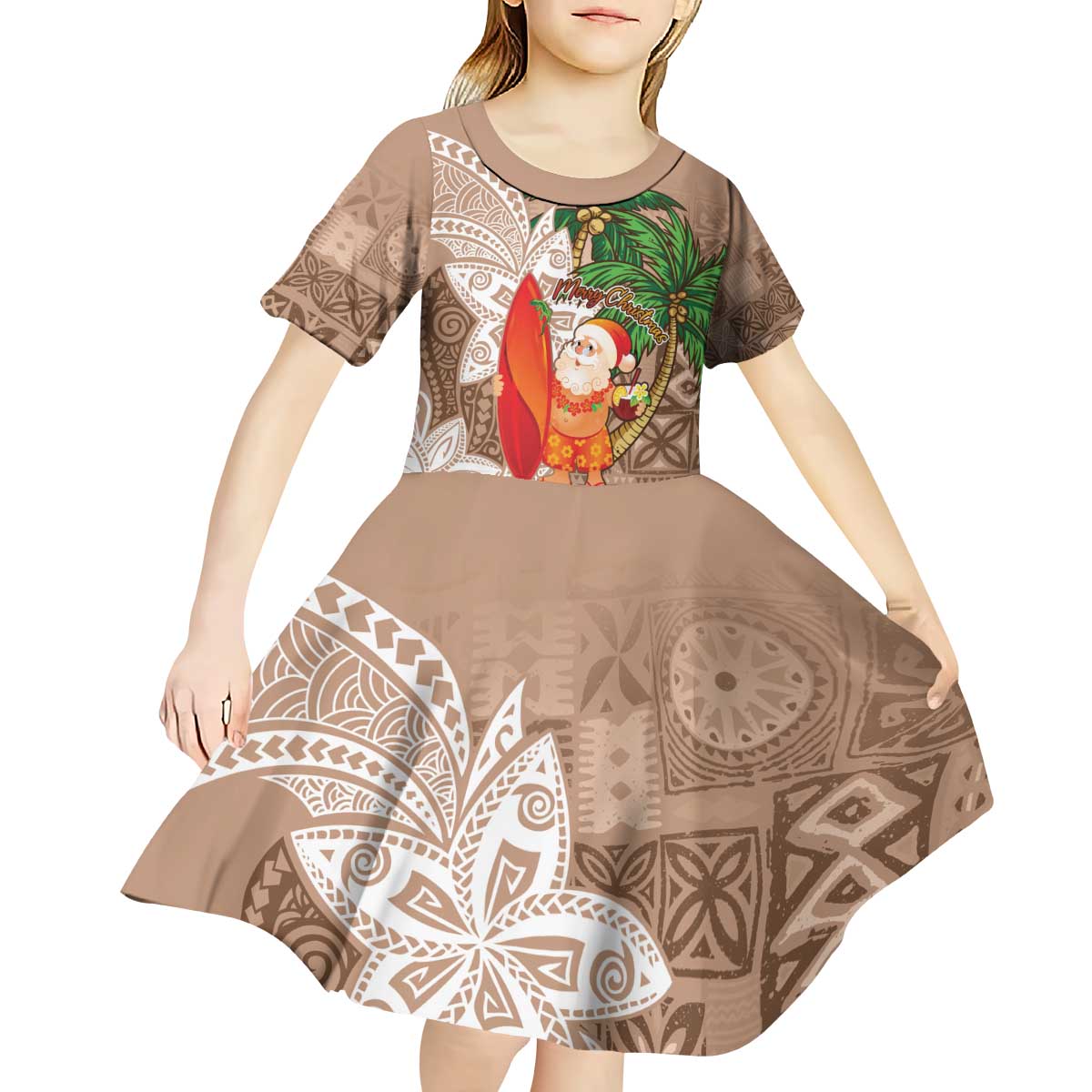 Polynesian Kid Short Sleeve Dress Tropical Santa - Plumeria Beige Vintage LT7 - Polynesian Pride