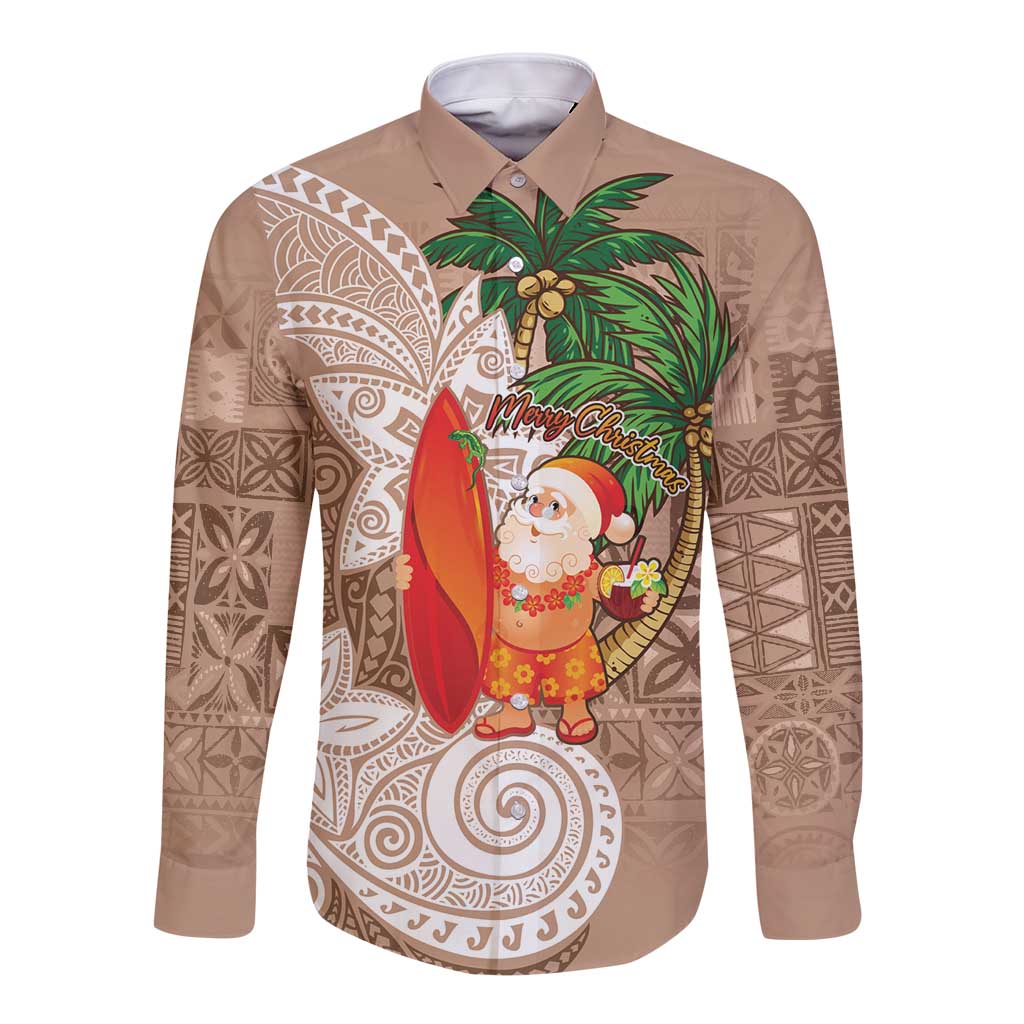 Polynesian Long Sleeve Button Shirt Tropical Santa - Plumeria Beige Vintage LT7 Unisex Beige - Polynesian Pride