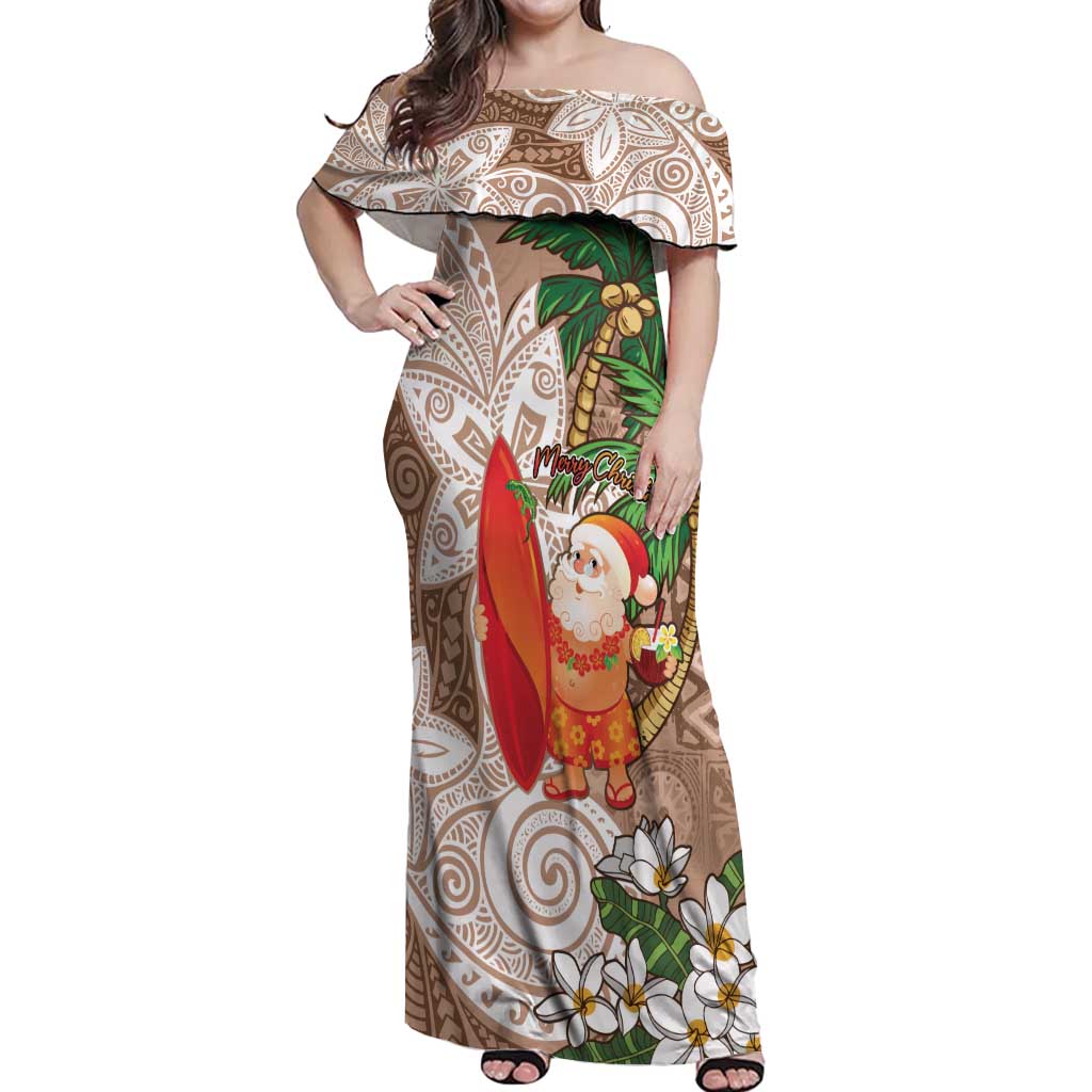 Polynesian Off Shoulder Maxi Dress Tropical Santa - Plumeria Beige Vintage LT7 Women Beige - Polynesian Pride