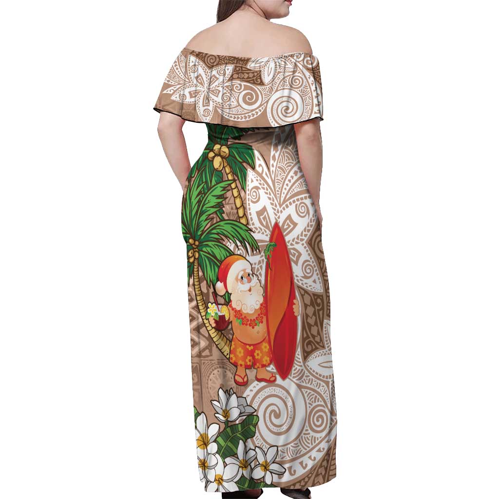 Polynesian Off Shoulder Maxi Dress Tropical Santa - Plumeria Beige Vintage LT7 - Polynesian Pride