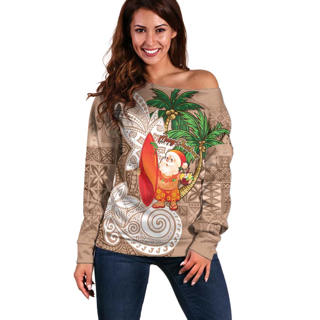 Polynesian Off Shoulder Sweater Tropical Santa - Plumeria Beige Vintage