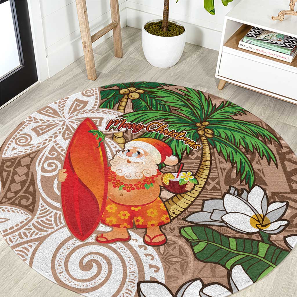 Polynesian Round Carpet Tropical Santa - Plumeria Beige Vintage