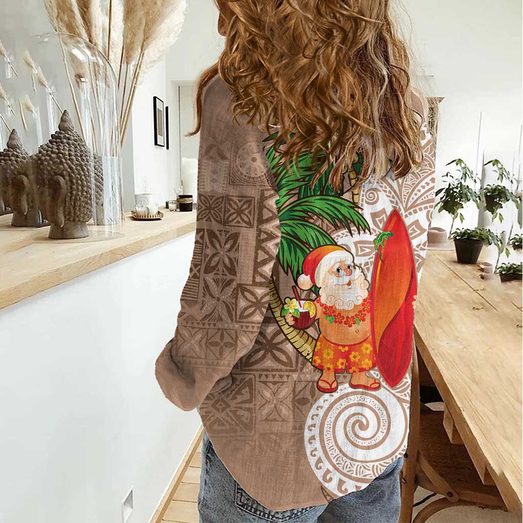 Polynesian Women Casual Shirt Tropical Santa - Plumeria Beige Vintage LT7 - Polynesian Pride