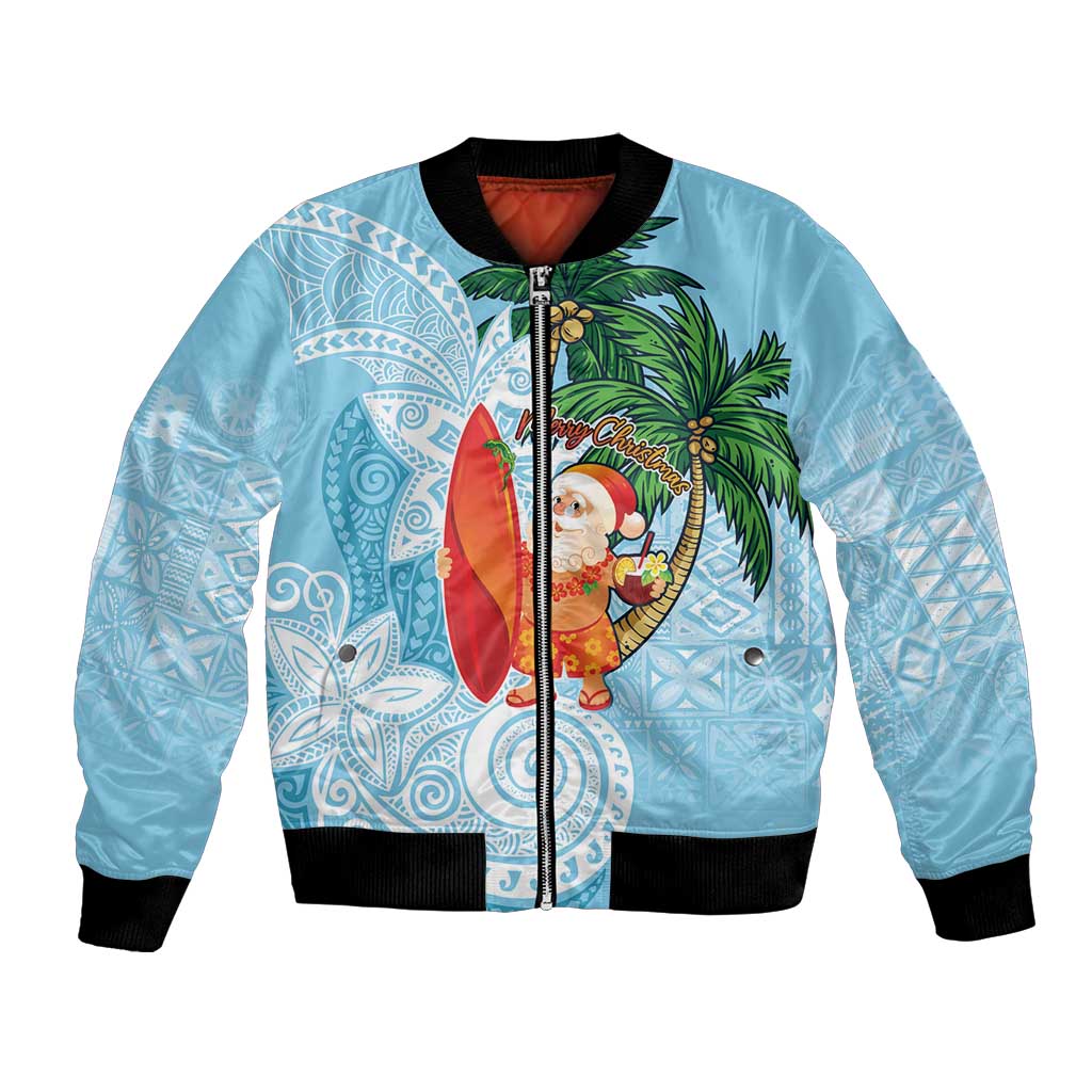 Polynesian Bomber Jacket Tropical Santa - Plumeria Turquoise Vintage LT7 Unisex Turquoise - Polynesian Pride