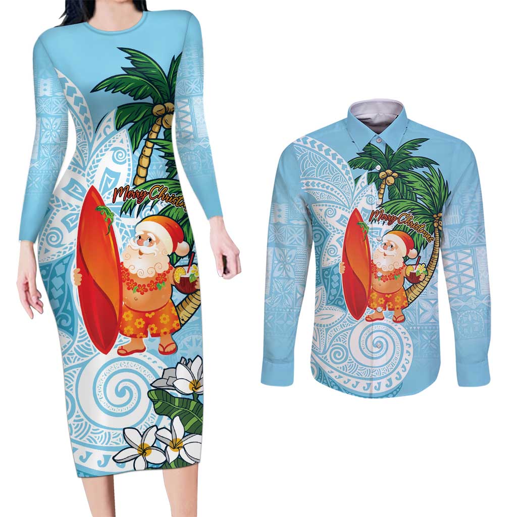 Polynesian Couples Matching Long Sleeve Bodycon Dress and Long Sleeve Button Shirt Tropical Santa - Plumeria Turquoise Vintage
