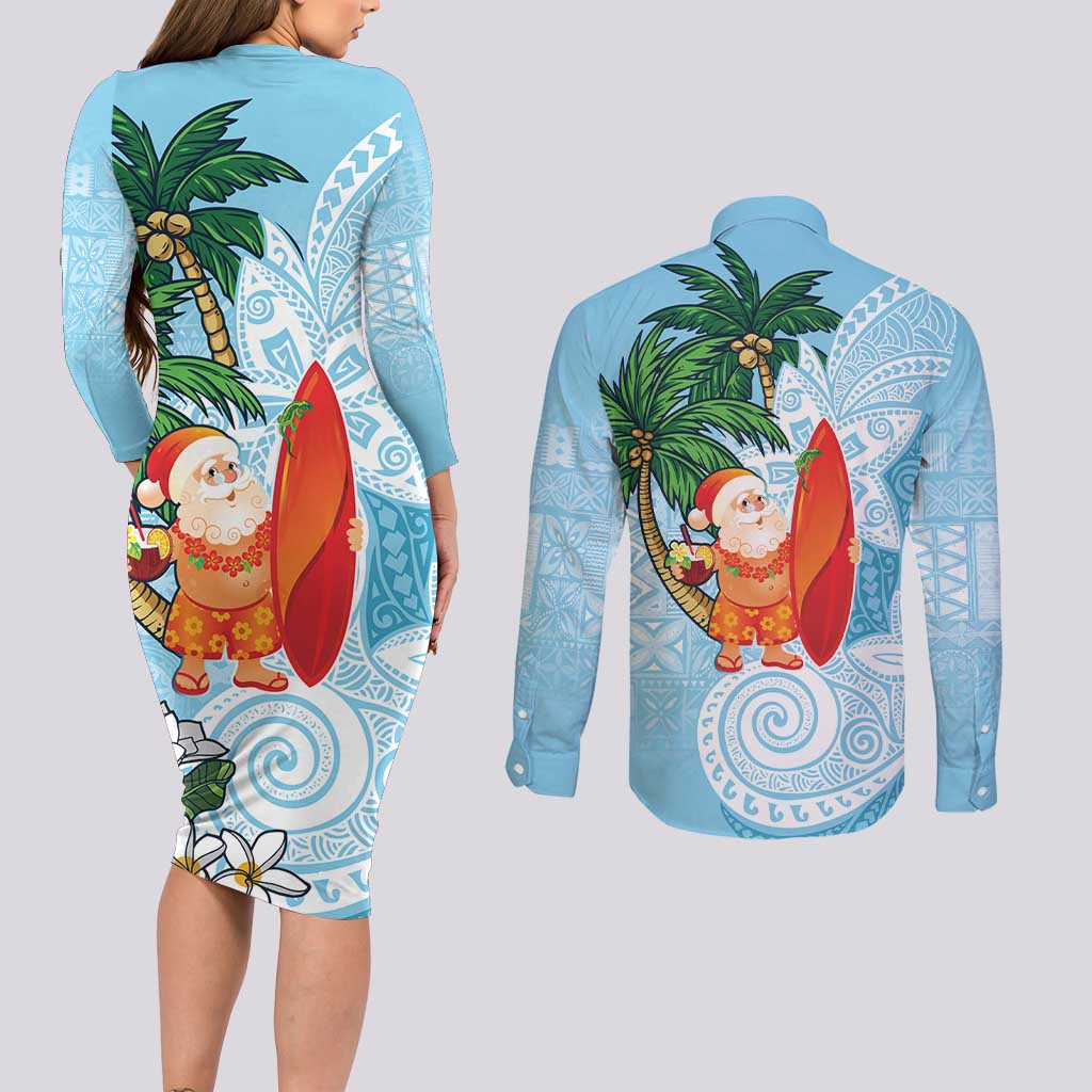 Polynesian Couples Matching Long Sleeve Bodycon Dress and Long Sleeve Button Shirt Tropical Santa - Plumeria Turquoise Vintage