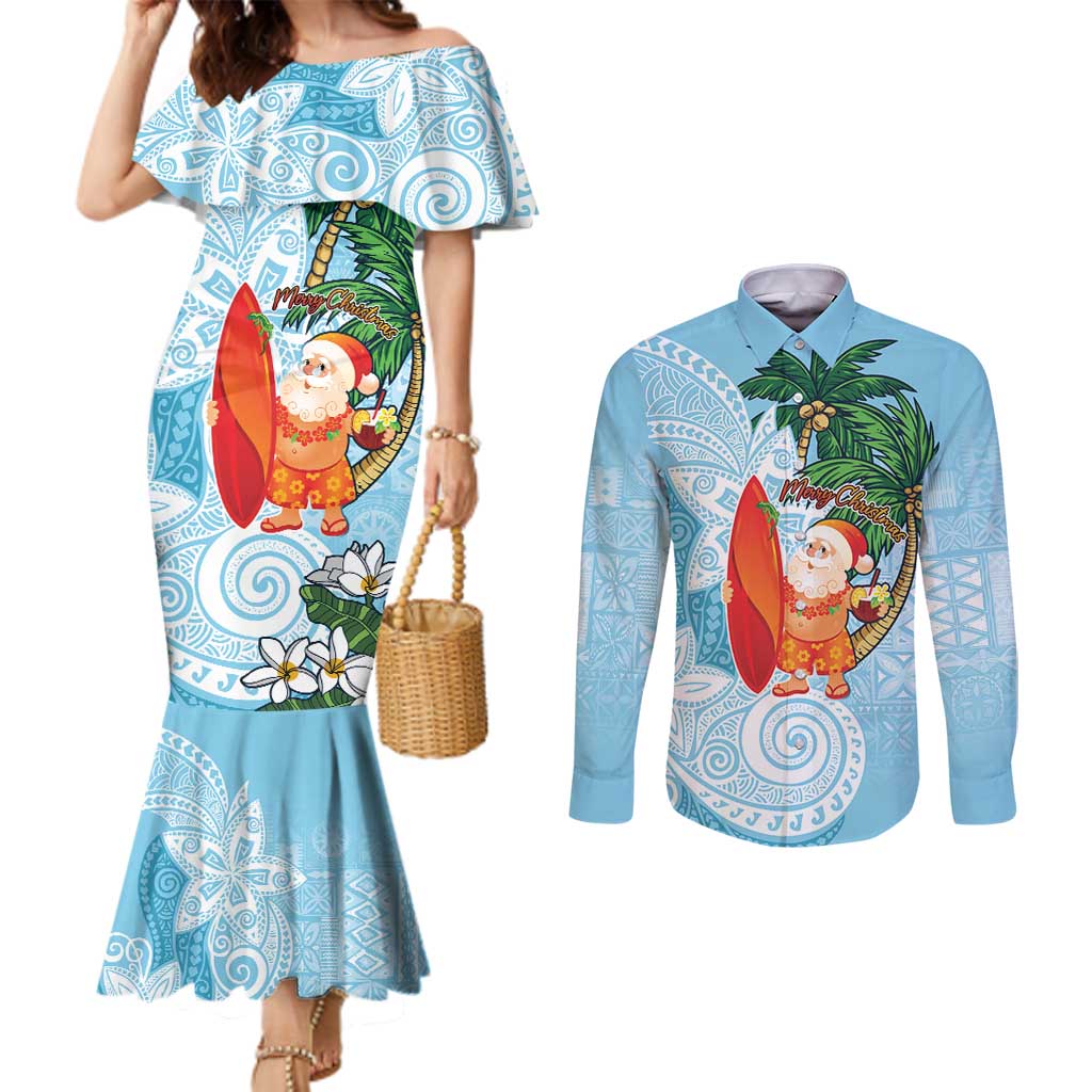 Polynesian Couples Matching Mermaid Dress and Long Sleeve Button Shirt Tropical Santa - Plumeria Turquoise Vintage