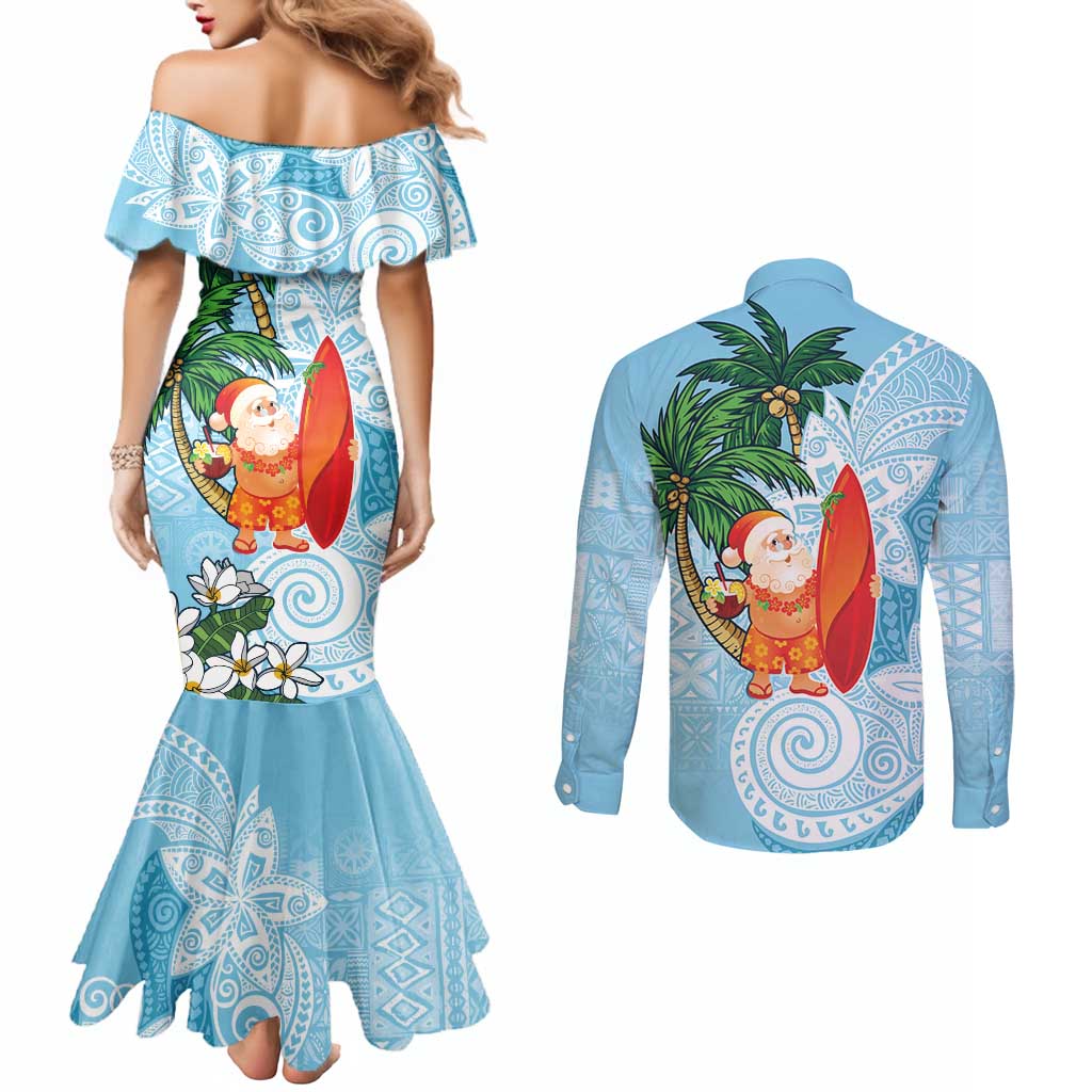 Polynesian Couples Matching Mermaid Dress and Long Sleeve Button Shirt Tropical Santa - Plumeria Turquoise Vintage