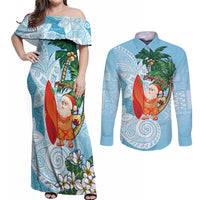 Polynesian Couples Matching Off Shoulder Maxi Dress and Long Sleeve Button Shirt Tropical Santa - Plumeria Turquoise Vintage