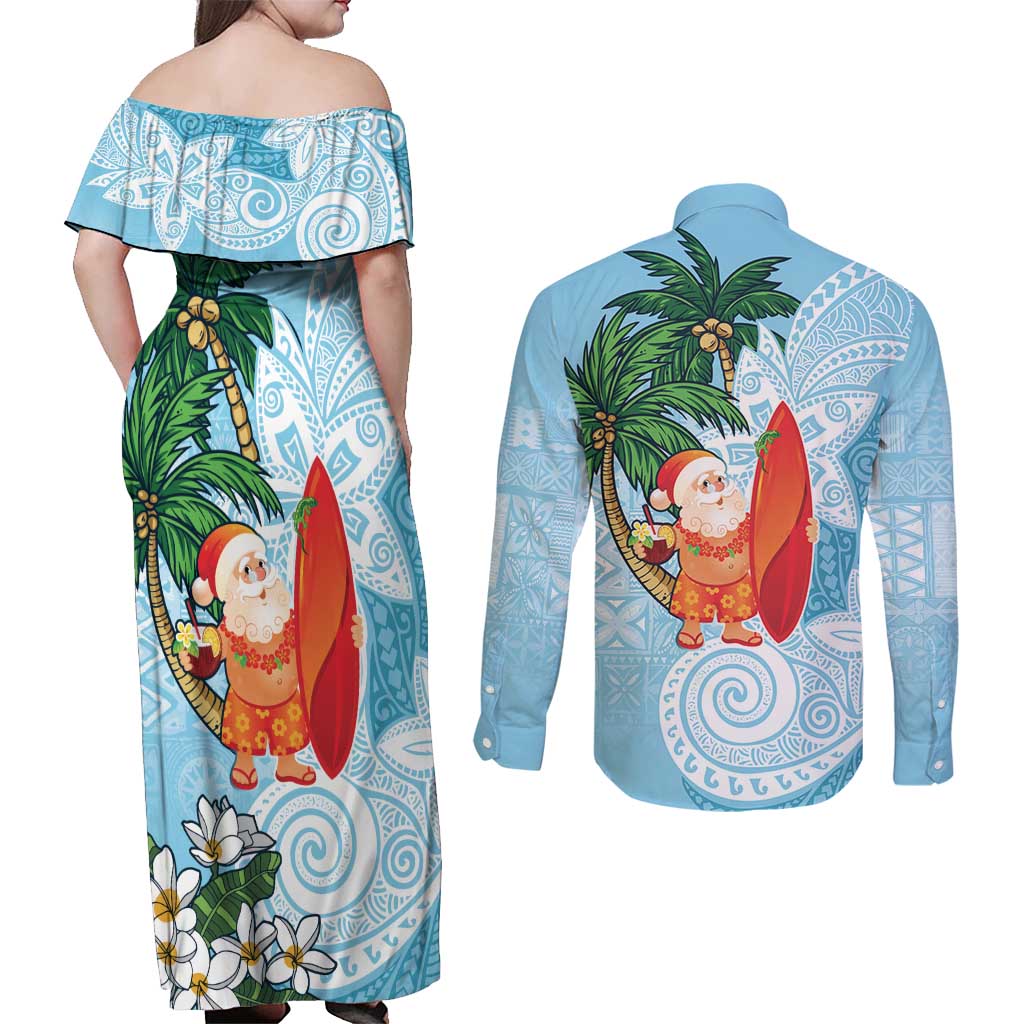 Polynesian Couples Matching Off Shoulder Maxi Dress and Long Sleeve Button Shirt Tropical Santa - Plumeria Turquoise Vintage