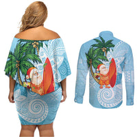 Polynesian Couples Matching Off Shoulder Short Dress and Long Sleeve Button Shirt Tropical Santa - Plumeria Turquoise Vintage