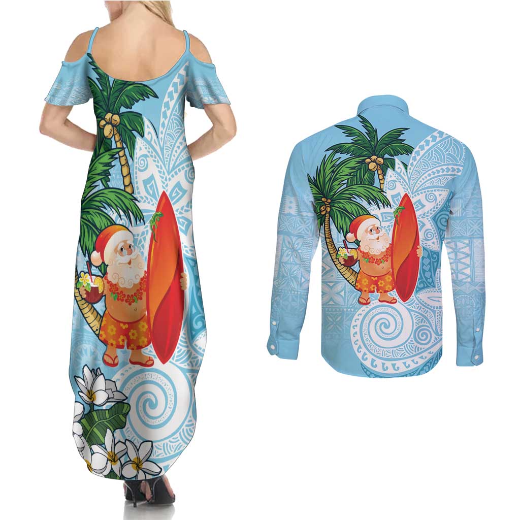 Polynesian Couples Matching Summer Maxi Dress and Long Sleeve Button Shirt Tropical Santa - Plumeria Turquoise Vintage