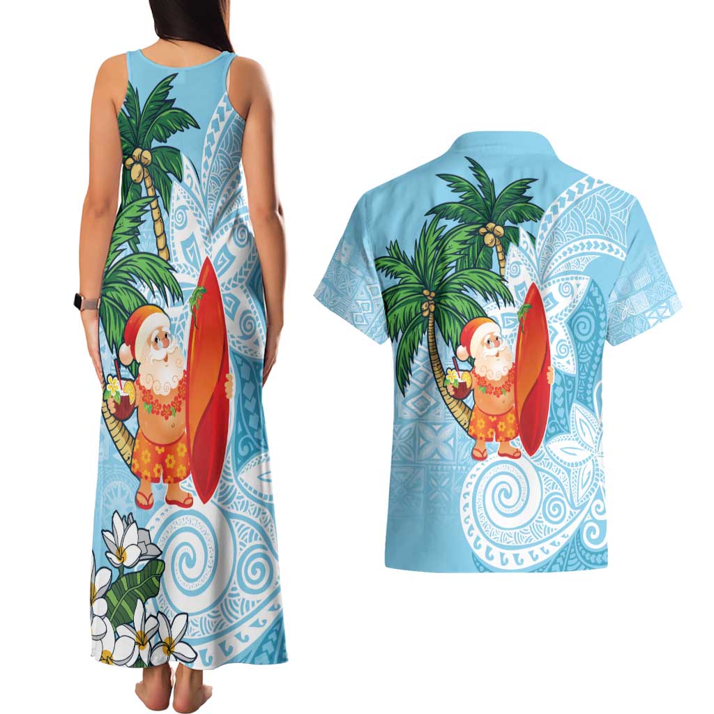 Polynesian Couples Matching Tank Maxi Dress and Hawaiian Shirt Tropical Santa - Plumeria Turquoise Vintage
