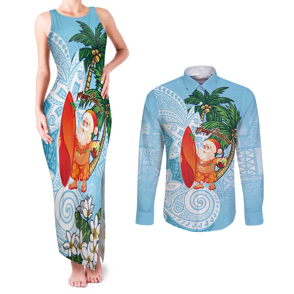 Polynesian Couples Matching Tank Maxi Dress and Long Sleeve Button Shirt Tropical Santa - Plumeria Turquoise Vintage