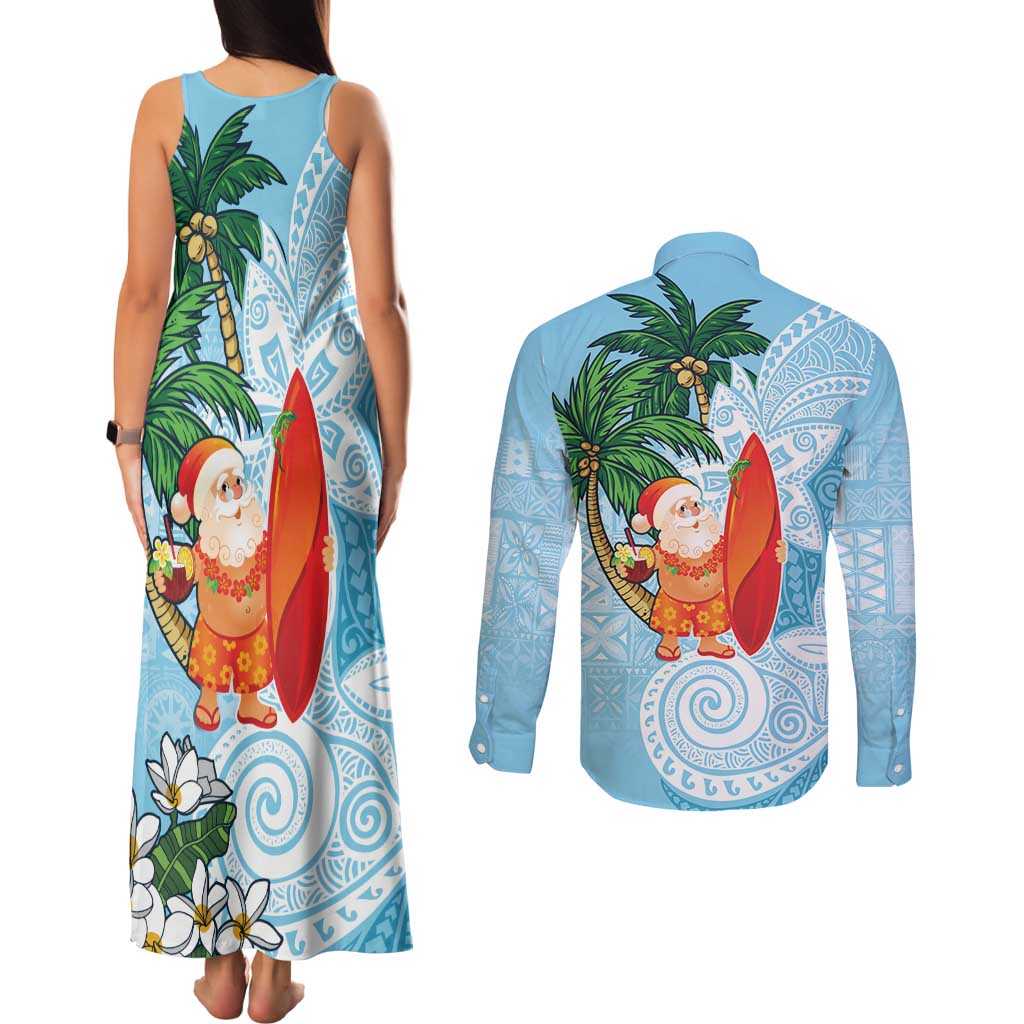 Polynesian Couples Matching Tank Maxi Dress and Long Sleeve Button Shirt Tropical Santa - Plumeria Turquoise Vintage