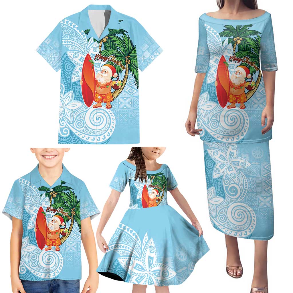 Polynesian Family Matching Puletasi and Hawaiian Shirt Tropical Santa - Plumeria Turquoise Vintage