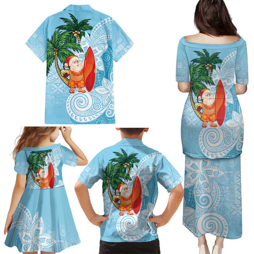Polynesian Family Matching Puletasi and Hawaiian Shirt Tropical Santa - Plumeria Turquoise Vintage