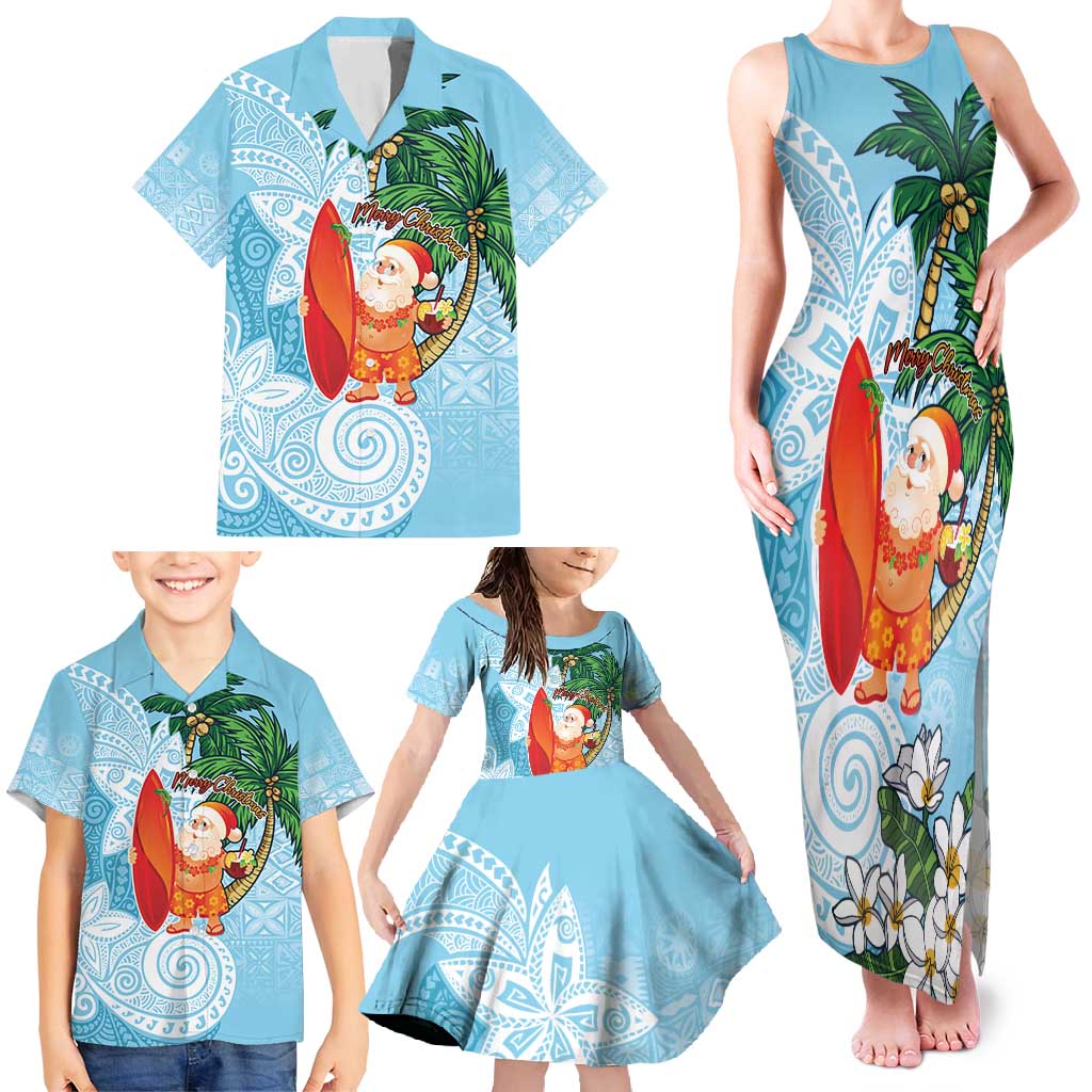 Polynesian Family Matching Tank Maxi Dress and Hawaiian Shirt Tropical Santa - Plumeria Turquoise Vintage