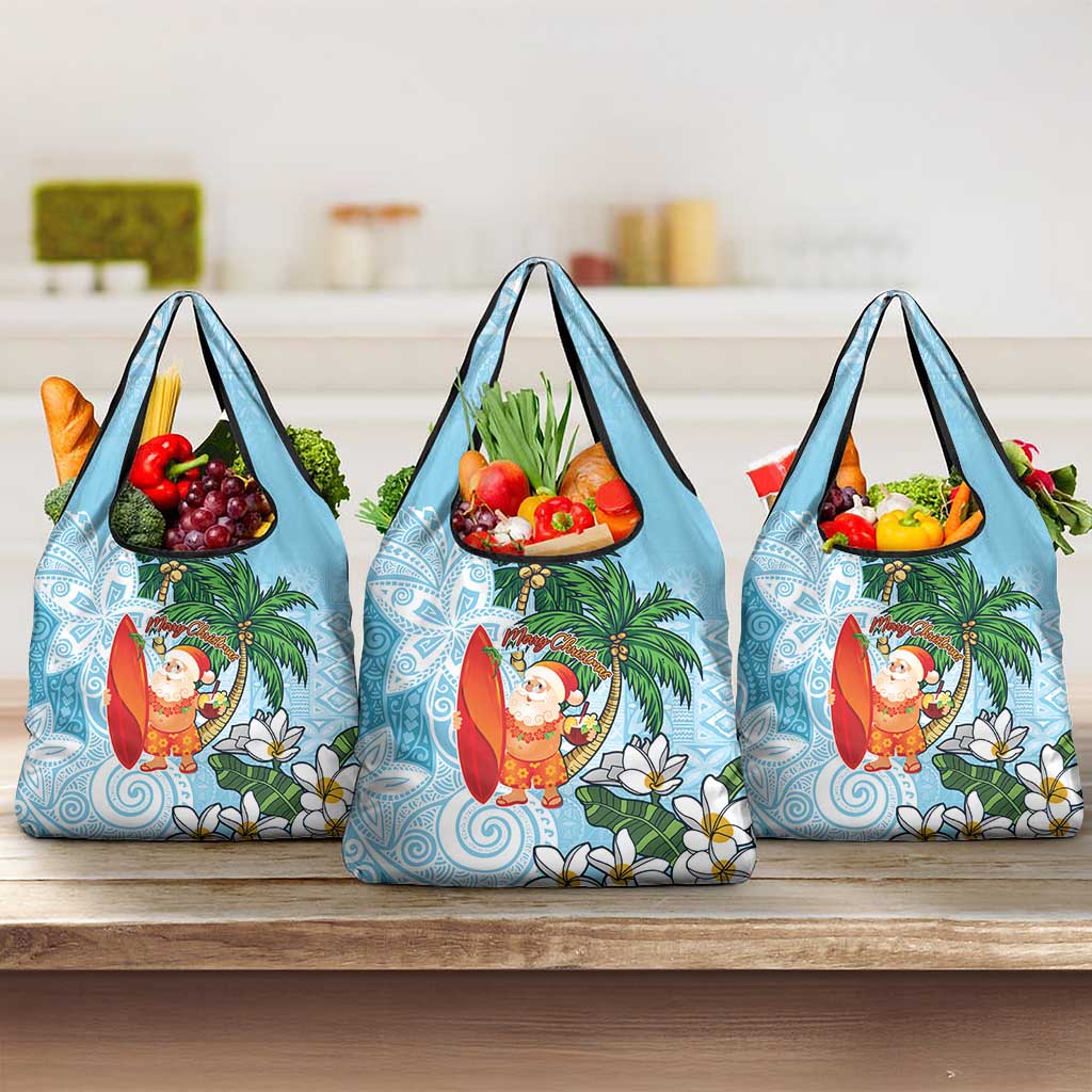 Polynesian Grocery Bag Tropical Santa - Plumeria Turquoise Vintage