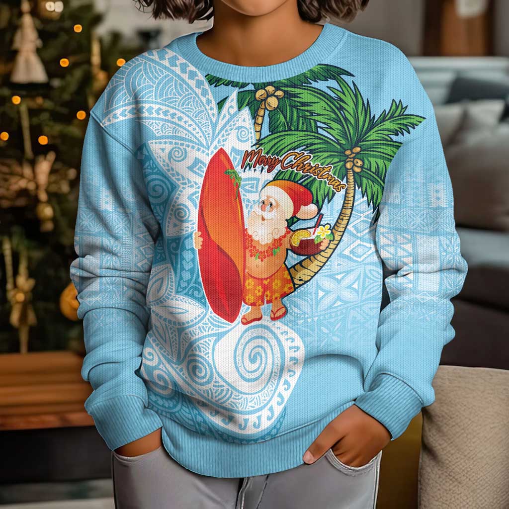 Polynesian Kid Ugly Christmas Sweater Tropical Santa - Plumeria Turquoise Vintage