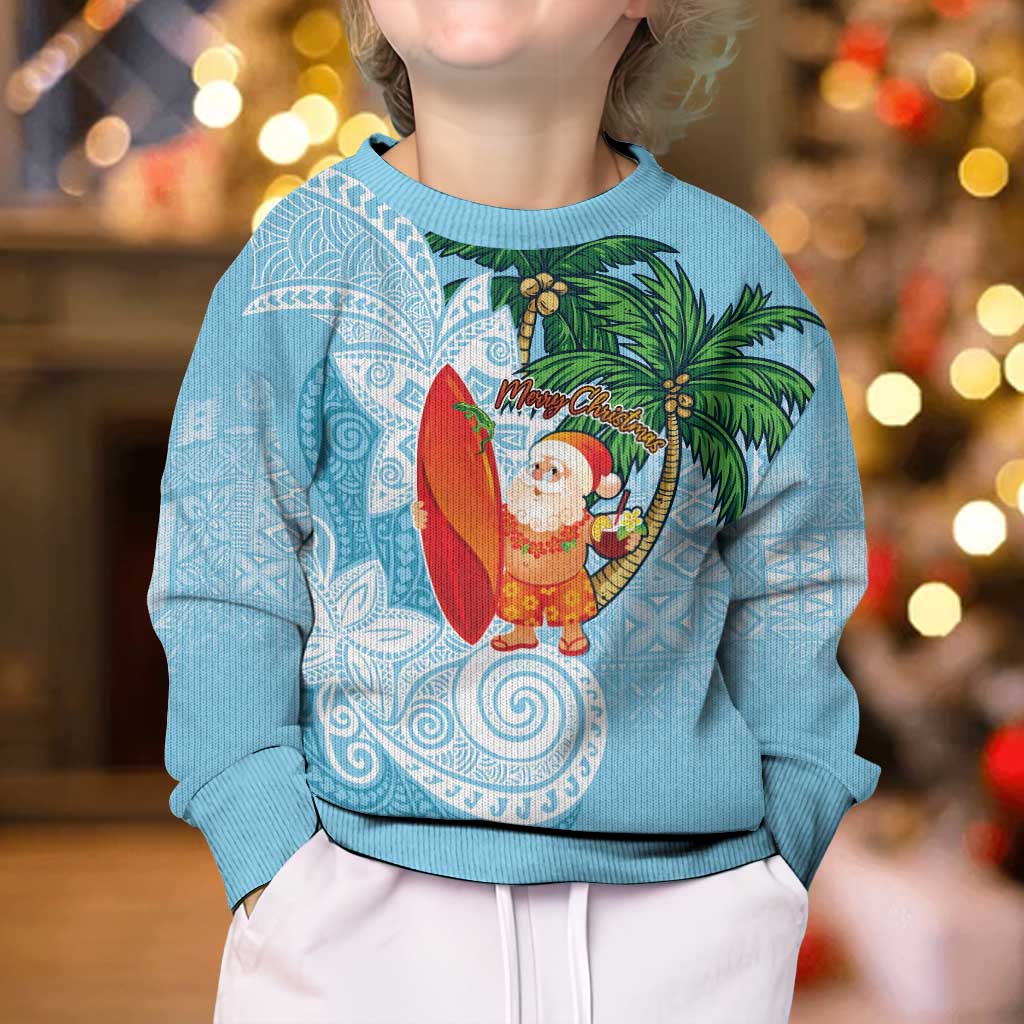 Polynesian Kid Ugly Christmas Sweater Tropical Santa - Plumeria Turquoise Vintage
