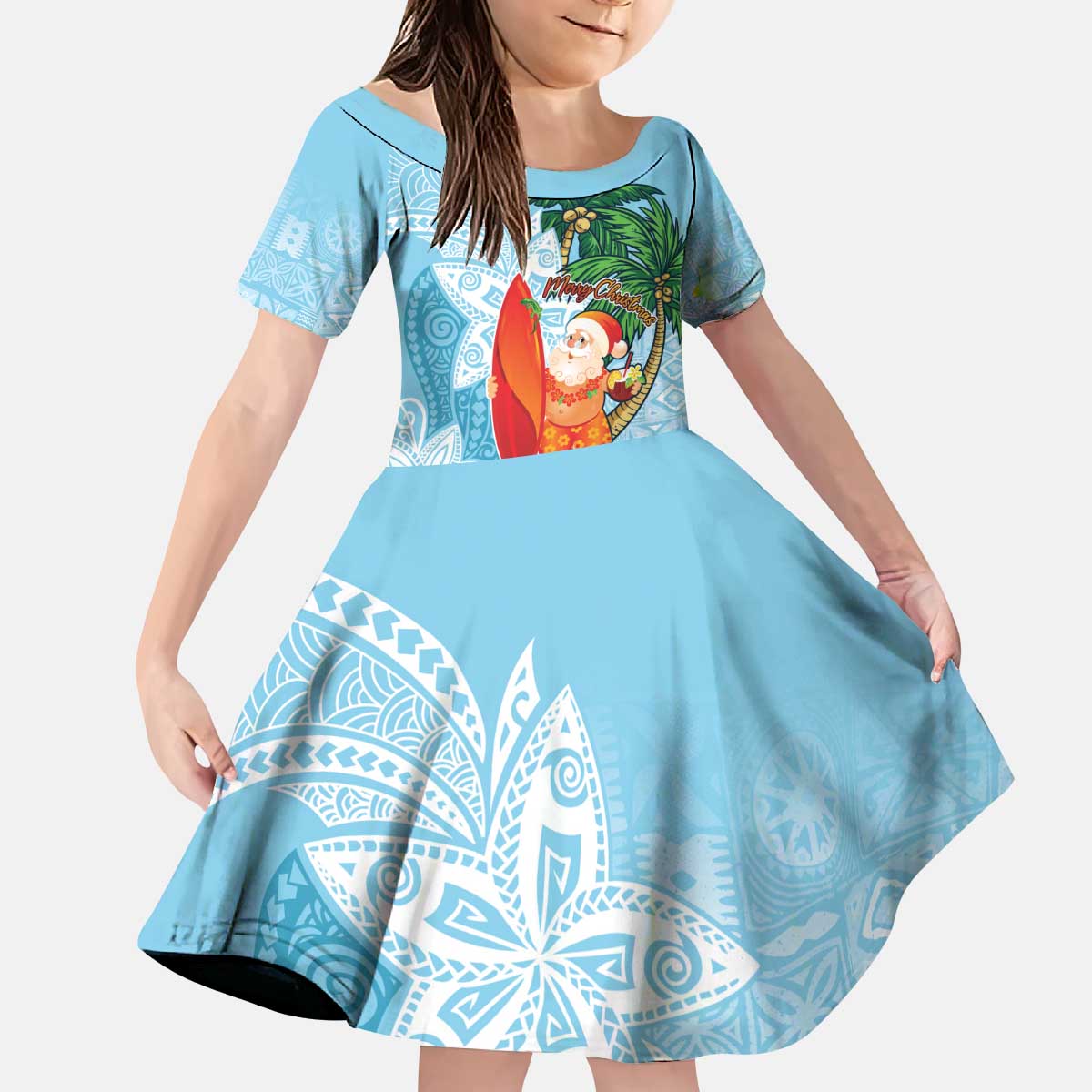 Polynesian Kid Short Sleeve Dress Tropical Santa - Plumeria Turquoise Vintage LT7 KID Turquoise - Polynesian Pride