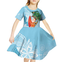 Polynesian Kid Short Sleeve Dress Tropical Santa - Plumeria Turquoise Vintage LT7 - Polynesian Pride