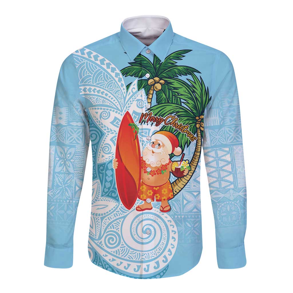 Polynesian Long Sleeve Button Shirt Tropical Santa - Plumeria Turquoise Vintage LT7 Unisex Turquoise - Polynesian Pride