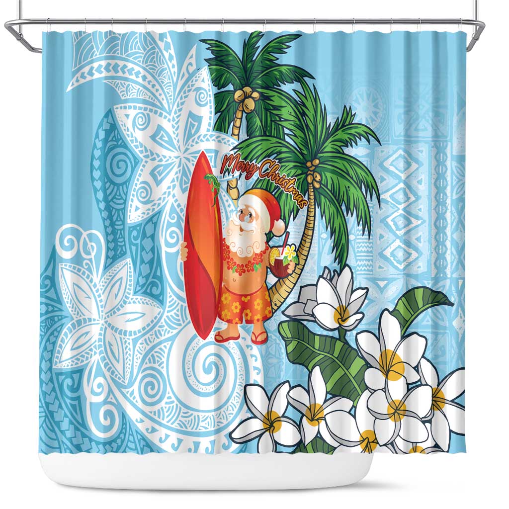 Polynesian Shower Curtain Tropical Santa - Plumeria Turquoise Vintage