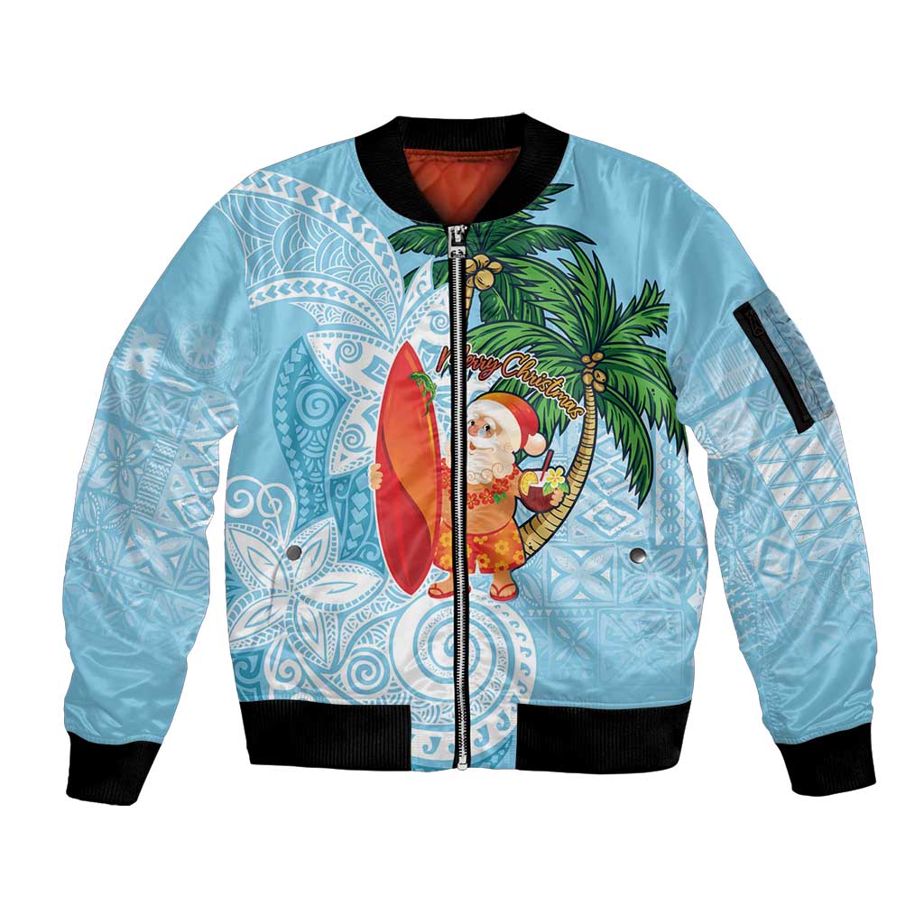 Polynesian Sleeve Zip Bomber Jacket Tropical Santa - Plumeria Turquoise Vintage LT7 Unisex Turquoise - Polynesian Pride