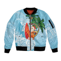 Polynesian Sleeve Zip Bomber Jacket Tropical Santa - Plumeria Turquoise Vintage LT7 Unisex Turquoise - Polynesian Pride