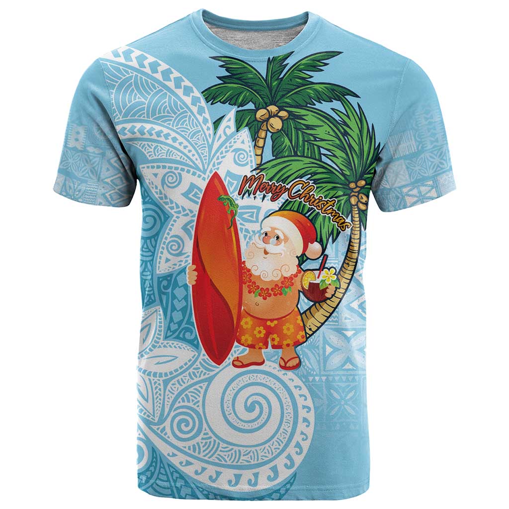 Polynesian T Shirt Tropical Santa - Plumeria Turquoise Vintage