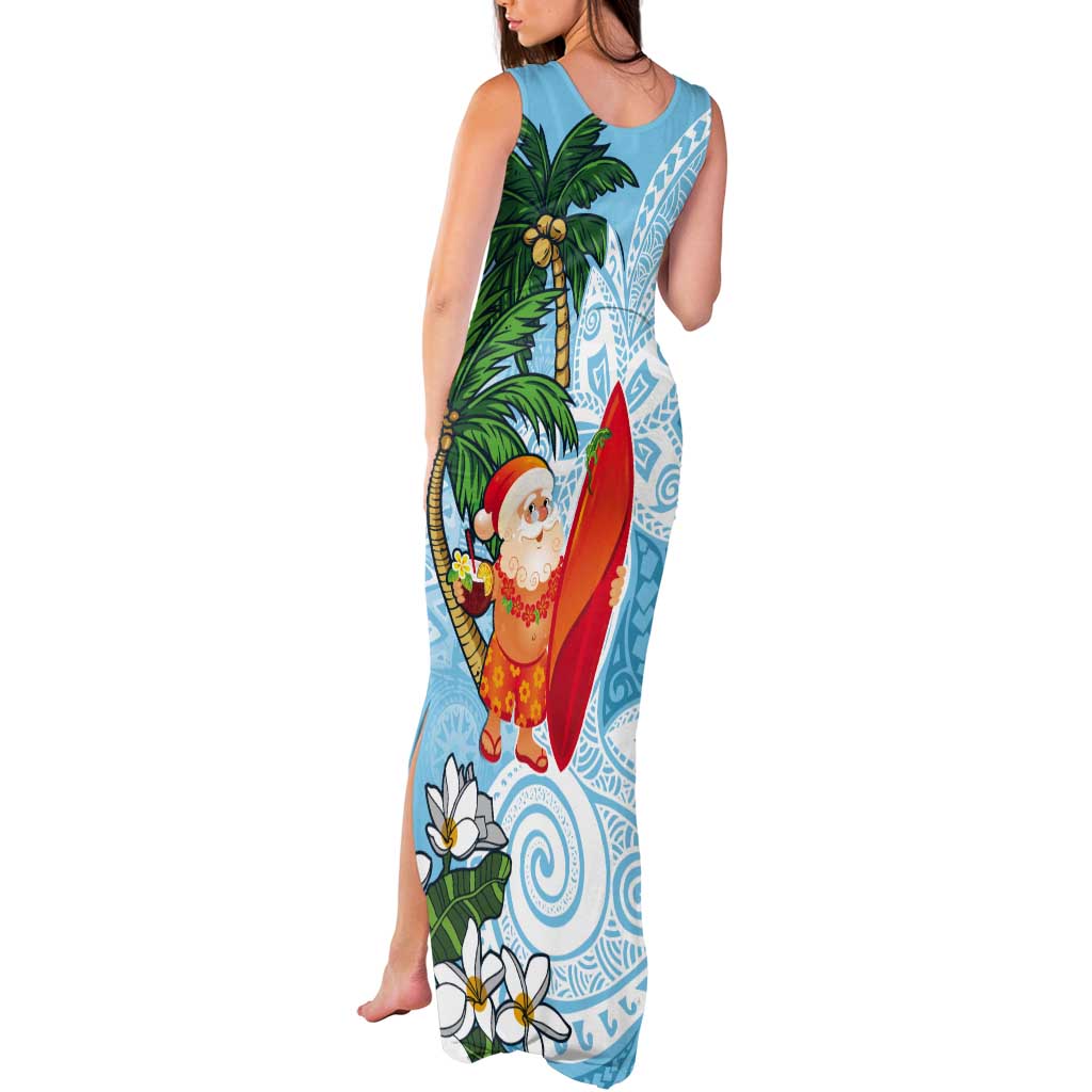 Polynesian Tank Maxi Dress Tropical Santa - Plumeria Turquoise Vintage LT7 - Polynesian Pride
