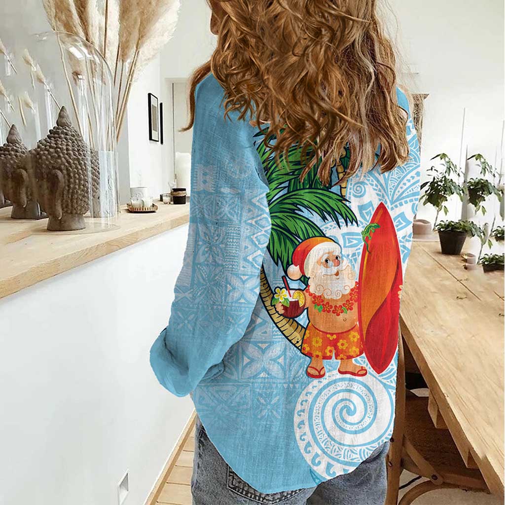 Polynesian Women Casual Shirt Tropical Santa - Plumeria Turquoise Vintage LT7 - Polynesian Pride