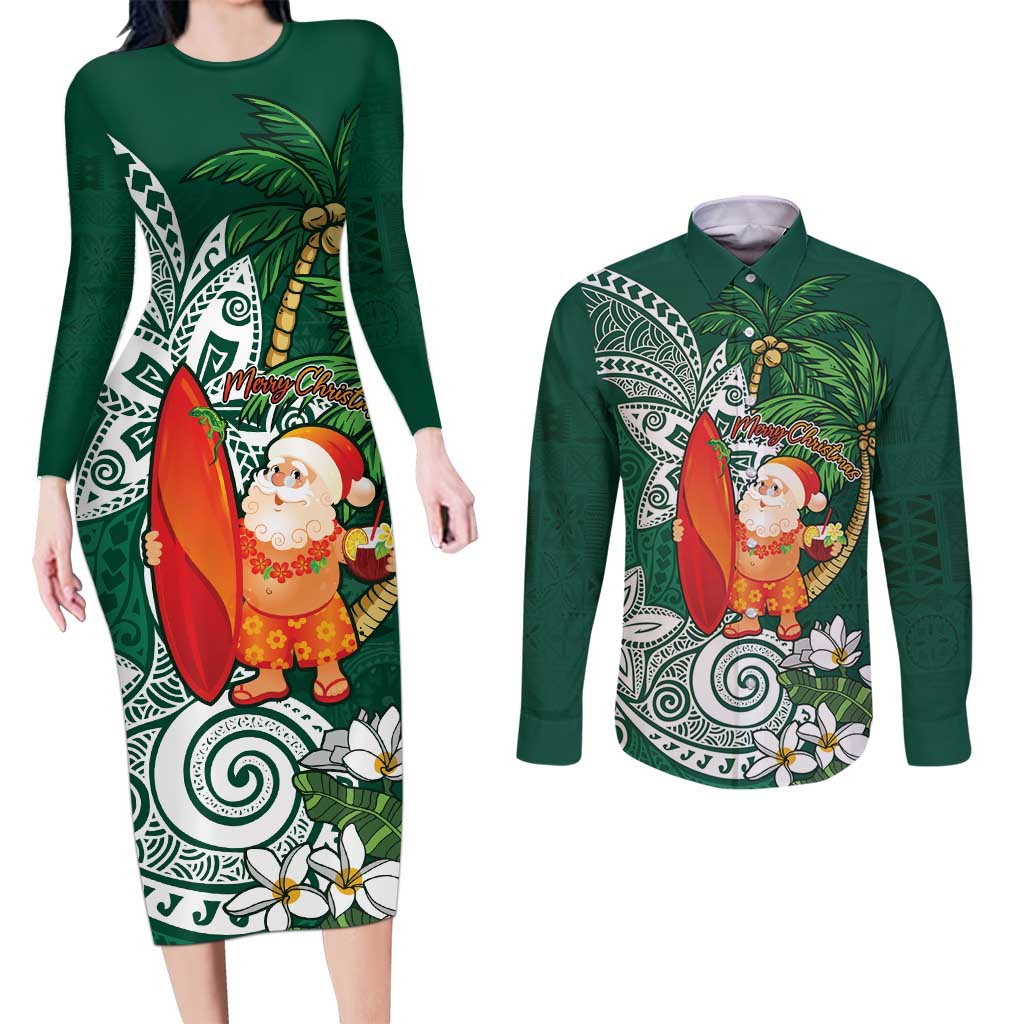 Polynesian Couples Matching Long Sleeve Bodycon Dress and Long Sleeve Button Shirt Tropical Santa - Plumeria Green Vintage