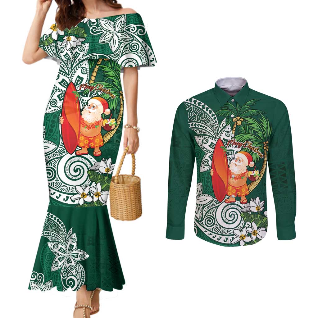 Polynesian Couples Matching Mermaid Dress and Long Sleeve Button Shirt Tropical Santa - Plumeria Green Vintage
