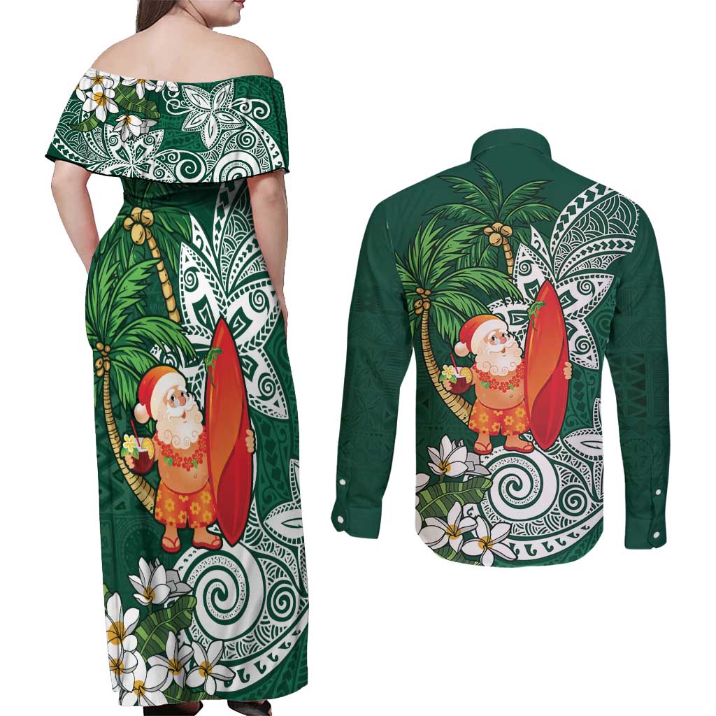 Polynesian Couples Matching Off Shoulder Maxi Dress and Long Sleeve Button Shirt Tropical Santa - Plumeria Green Vintage