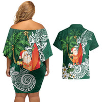 Polynesian Couples Matching Off Shoulder Short Dress and Hawaiian Shirt Tropical Santa - Plumeria Green Vintage