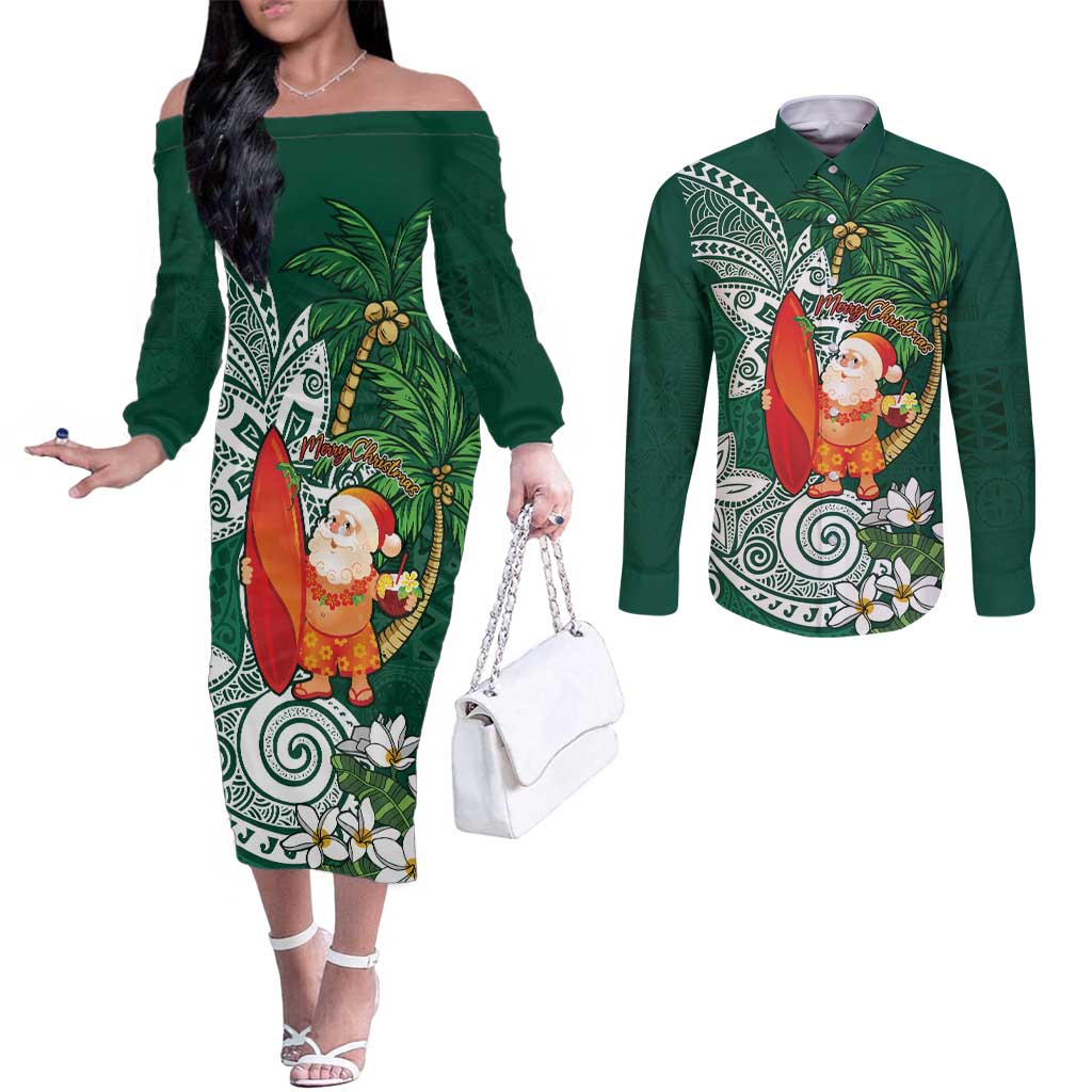 Polynesian Couples Matching Off The Shoulder Long Sleeve Dress and Long Sleeve Button Shirt Tropical Santa - Plumeria Green Vintage