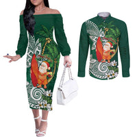 Polynesian Couples Matching Off The Shoulder Long Sleeve Dress and Long Sleeve Button Shirt Tropical Santa - Plumeria Green Vintage