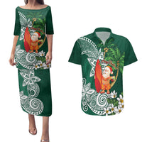 Polynesian Couples Matching Puletasi and Hawaiian Shirt Tropical Santa - Plumeria Green Vintage