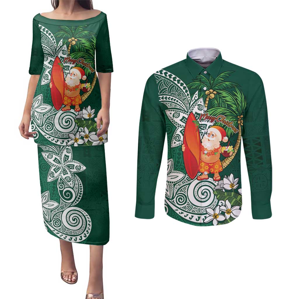 Polynesian Couples Matching Puletasi and Long Sleeve Button Shirt Tropical Santa - Plumeria Green Vintage
