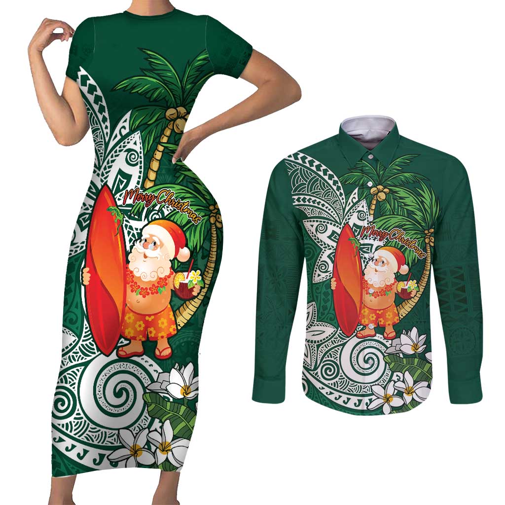 Polynesian Couples Matching Short Sleeve Bodycon Dress and Long Sleeve Button Shirt Tropical Santa - Plumeria Green Vintage