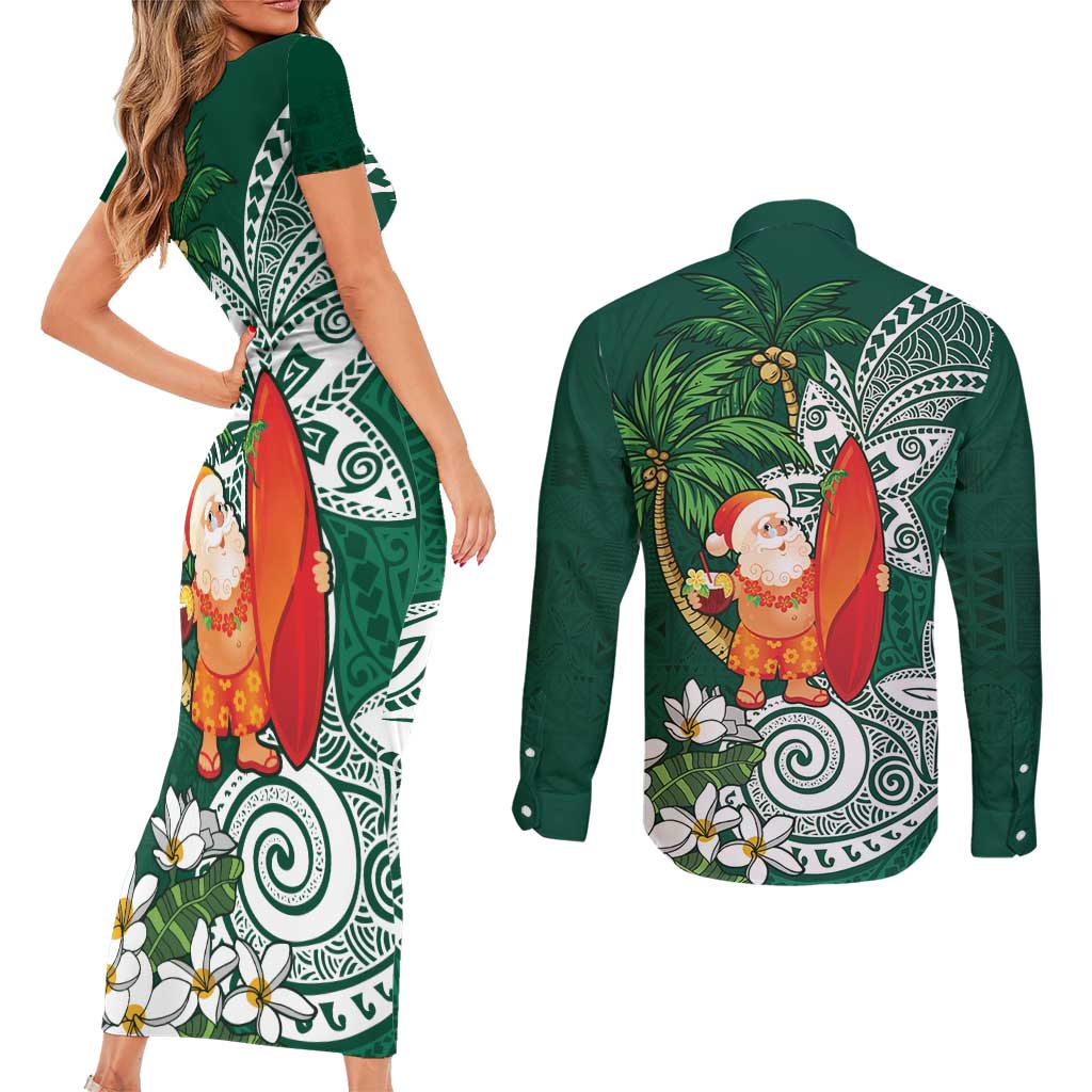 Polynesian Couples Matching Short Sleeve Bodycon Dress and Long Sleeve Button Shirt Tropical Santa - Plumeria Green Vintage
