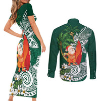 Polynesian Couples Matching Short Sleeve Bodycon Dress and Long Sleeve Button Shirt Tropical Santa - Plumeria Green Vintage
